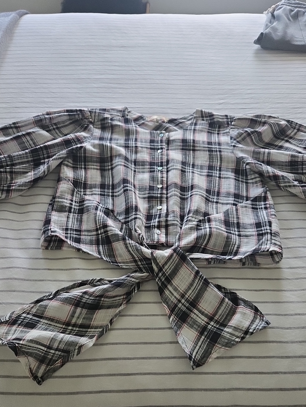 Plaid Tie-Front Blouse - Black & White